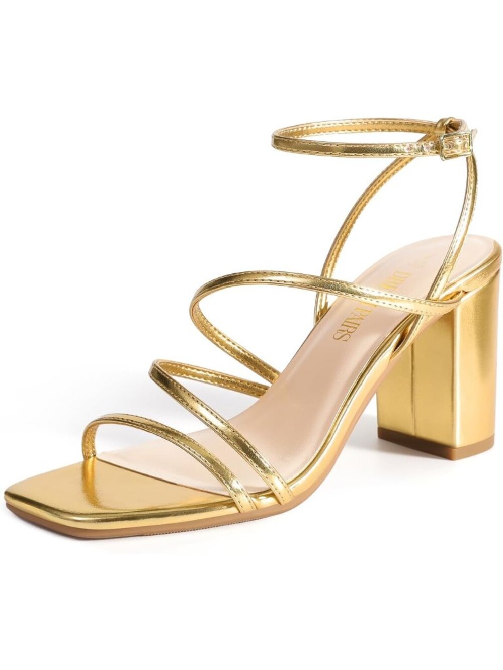 Women's Gold Faux Leather Sleek Thin Straps Square-Toe Design Chunky Heel Sandal
